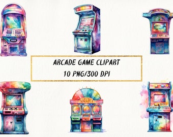 Watercolor Arcade Game Clipart: Retro Machine PNG Bundle (Digital Download)