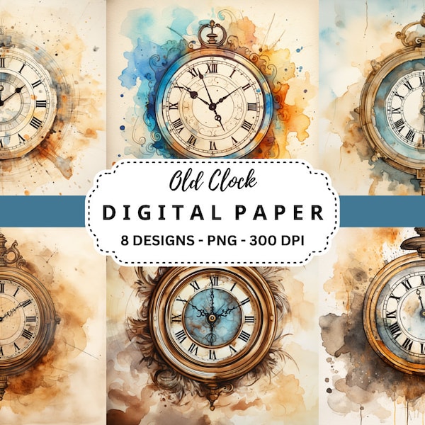 Old Clock Watercolor Digital Paper, High Quality Backgrounds Illustrations, Antique Clocks PNG Bundle, Commercial Use, Digital Download