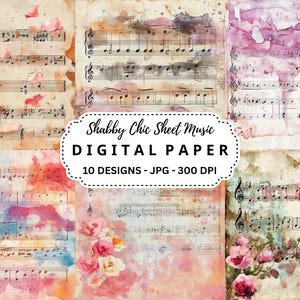 Paquete de imágenes prediseñadas de partituras de estilo shabby chic, 10 archivos JPG de alta calidad, fondos de acuarela para manualidades, álbumes de recortes, diarios basura, descarga instantánea