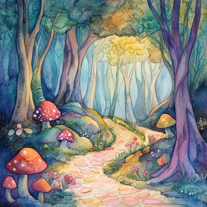Może przedstawiać: Aquarela przedstawiająca bajkowy leśny szlak z kamienną ścieżką prowadzącą w głąb lasu. Ścieżka jest wyłożona kolorowymi grzybami i bujną zielenią. Drzewa są wysokie i smukłe, z miękkim, eterycznym blaskiem.