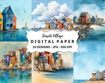 Watercolor Seaside Village Clipart: Scrapbooking Backgrounds (JPG Digital Download Bundle)