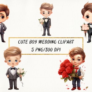 Niedlicher Junge Hochzeit Clipart, Jungen Hochzeit Zeremonie PNG Bundle für kommerzielle Nutzung, transparente Hintergründe, digitaler Download