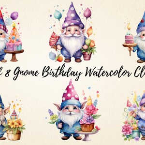 Clipart de aquarela de aniversário de gnomo, pacote de sublimação PNG de alta qualidade de gnomos fofos, convite de festa de feliz aniversário, camisa de aniversário de meninas