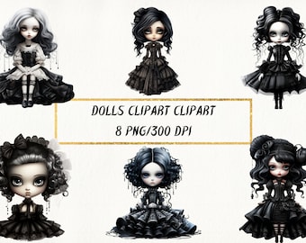 Clipart di bambole gotiche, Clipart raccapricciante, arte gotica, pacchetto PNG Voodoo Doll, Dark Fantasy Doll acquerello, uso commerciale