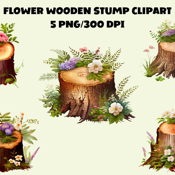 Rustic Flowers Wooden Stump Watercolor Clipart Set, 5 Pack PNG Transparent Backgrounds, Téléchargement numérique