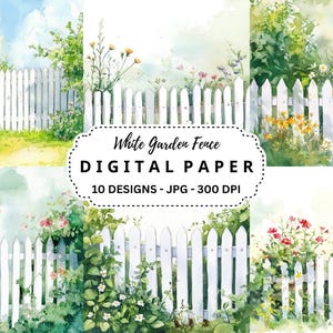 Watercolor Garden Fence Backgrounds: 10 JPG Images (Digital Download)