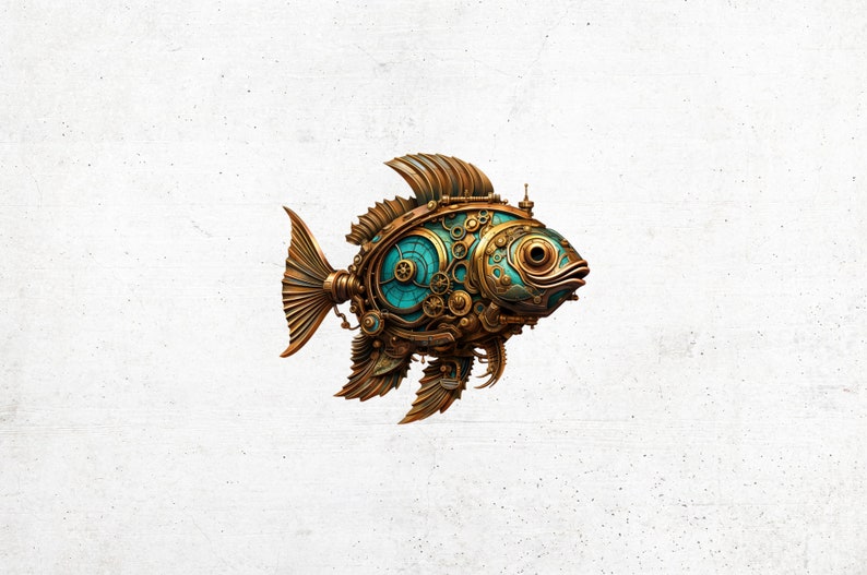 Steampunk Fish Clipart, Fantasy Steampunk Fish PNG Bundle for Commercial Use, Steampunk Digital Paper Crafts, Card Making, Mixed Media image 4