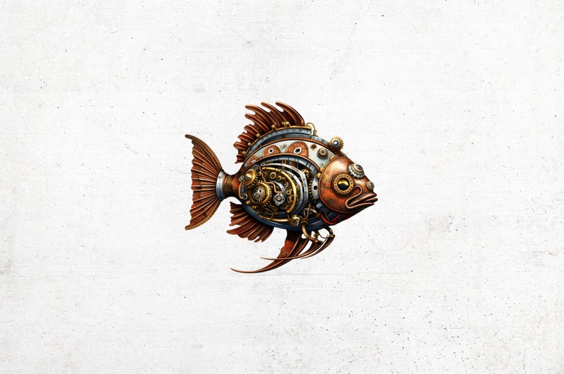 Steampunk Fish Clipart, Fantasy Steampunk Fish PNG Bundle for Commercial Use, Steampunk Digital Paper Crafts, Card Making, Mixed Media image 3