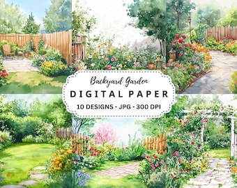 水彩画風の裏庭の庭の背景：JPGイラスト10点（デジタルダウンロード