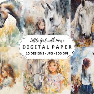 Meisje met paard clipartbundel, 10 hoogwaardige aquarel achtergronden voor junk Journal, scrapbooking, ambachten, afdrukbare jpg-bestanden