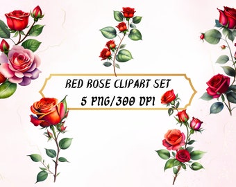 Red Roses Watercolor Clipart: Vintage Floral PNG Set (Commercial Use)
