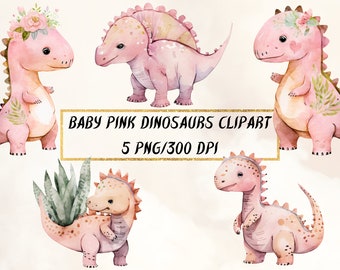 Clipart de dinosaurios bebés en acuarela rosa, 5 archivos PNG (descarga digital)