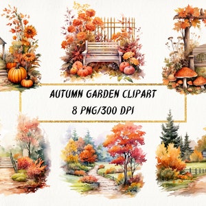 Clipart de jardín otoñal en acuarela: Paquete PNG de otoño rústico (descarga digital)
