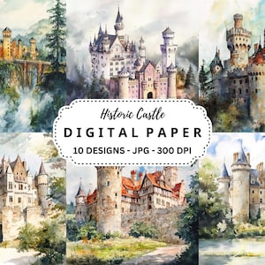 Watercolor Castle Clipart: Historic Backgrounds, Junk Journal (JPG Files)