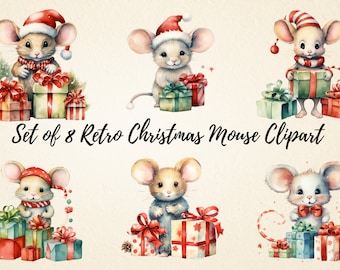 Clipart de ratón navideño en acuarela: paquete PNG retro (descarga digital)