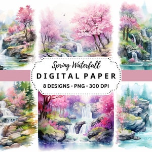 Aquarel lente watervallen achtergronden, hoogwaardig PNG digitaal papier, kaart maken, gemengde media, digitaal papier ambacht, digitale download