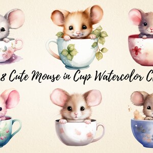 Lindo ratón en taza clipart, acuarela adorable ilustración de ratón en taza de té, perfecto para scrapbooking, artesanías, diarios basura