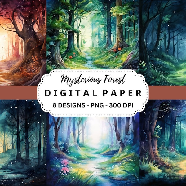 Watercolor Mysterious Forest Backgrounds, High Quality PNG Illustrations, Woods Digital Paper, Card Making, Scrapbooking, Commercial Use