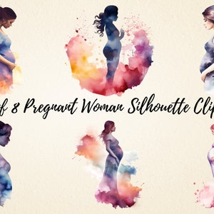 Femme enceinte Silhouette Aquarelle Clipart, Illustration enceinte de haute qualité PNG Bundle, Clipart de grossesse, Sublimation de la fête des mères
