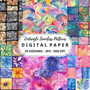 May include: Ten digital paper designs featuring colorful, intricate Zentangle patterns. Each design is a seamless pattern, perfect for crafting and scrapbooking projects.