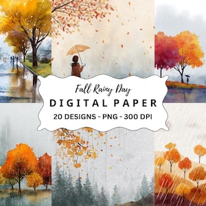 Puede incluir: Conjunto de papel digital con ilustraciones de acuarela de escenas otoñales. Las imágenes representan días lluviosos con árboles en tonos amarillos, naranjas y rojos. El texto "Fall Rainy Day DIGITAL PAPER" se muestra con 20 diseños y 300 DPI.