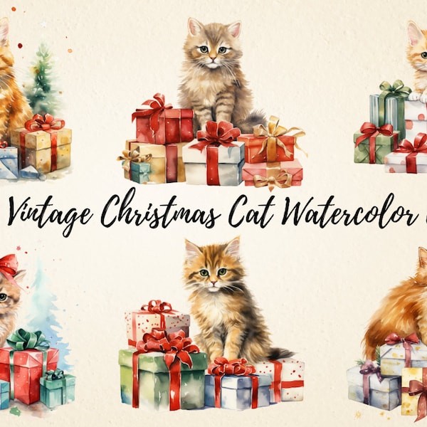 Vintage Christmas Cats Clipart, Watercolor Cute Cats PNG Bundle, High Quality Graphics, Card Making, Retro Junk Journal, Digital Paper Craft