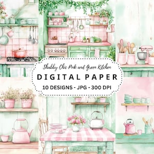Shabby Chic Pink and Green Kitchen Clipart, wysokiej jakości pliki JPG do Junk Journal, okładki, scrapbooking, rękodzieło, natychmiastowe pobieranie