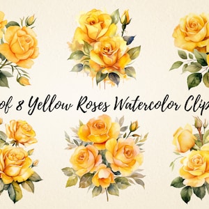 Op de afbeelding: Set van acht gele aquarelrozen clipart. De rozen zijn gerangschikt in boeketten met groene bladeren en stelen.