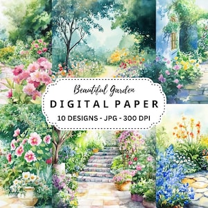 Bellissimo pacchetto di immagini di giardini, 10 sfondi JPG ad acquerello di alta qualità per diario di scarto, scrapbooking, lavori di carta, download immediato