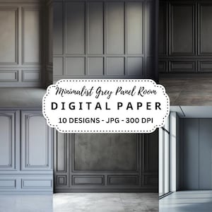 Może przedstawiać: Pakiet papieru cyfrowego z 10 wzorami minimalistycznych pokoi z szarymi panelami. Wzory są w formacie JPG i rozdzielczości 300 DPI. Obraz przedstawia dwa różne projekty pokoi z szarymi ścianami i białymi listwami.