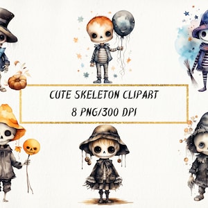 Watercolor Cute Skeleton Clipart, Halloween Skeleton PNG Bundle, Spooky Skeleton Digital Clipart, Commercial Use, Card Making, Mixed Media