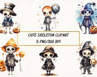 Watercolor Halloween Skeleton Clipart, Spooky PNG Bundle (Digital Download)