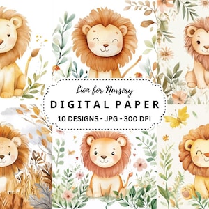 Pacote de imagens de leão bebê para berçário, 10 fundos de aquarela de alta qualidade para berçário, diário de lixo, scrapbooking, artesanato, uso comercial