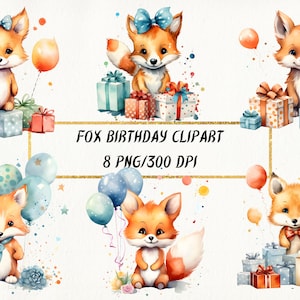 Clipart de aniversário de raposa aquarela, pacote PNG de feliz aniversário de raposa fofa, chá de bebê de raposa, convite de aniversário, decoração de berçário de raposa