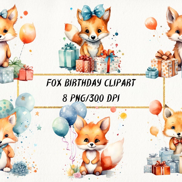 Watercolor Fox Birthday Clipart, Cute Fox Happy Birthday PNG Bundle, Fox Baby Shower, Birthday Invitation, Fox Nursery Decor