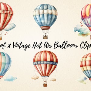 Vintage globos aerostáticos acuarela clipart, PNG de alta calidad, fabricación de tarjetas, scrapbooking, diario basura, artesanía de papel digital, uso comercial