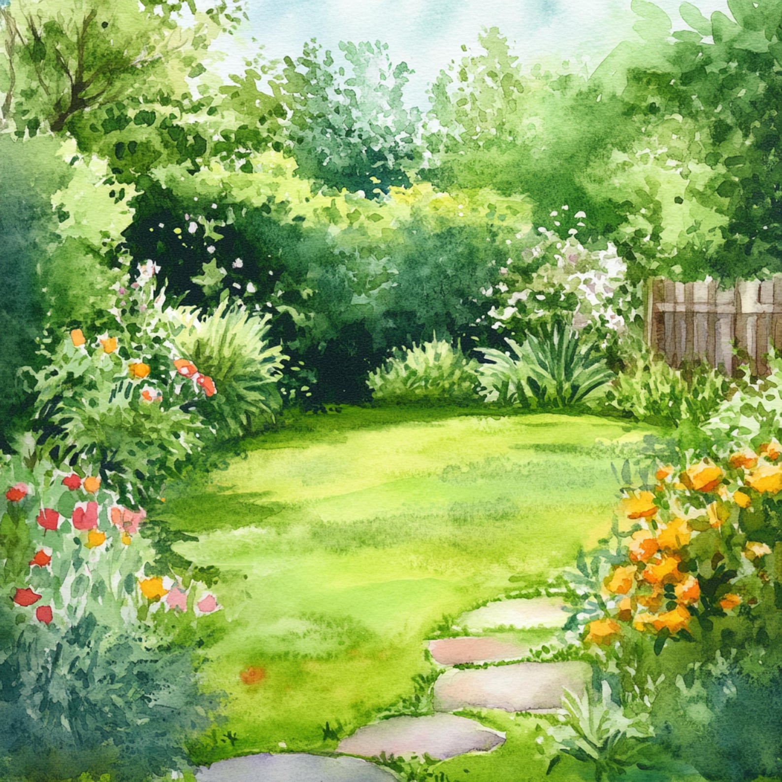 Watercolor Backyard Garden Backgrounds: 10 JPG Illustrations (digital ...