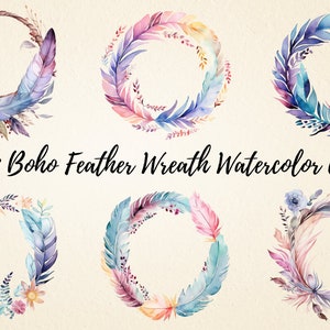 Boho Feder Kranz Clipart Set, Aquarell verträumte Boho Federn hochwertige PNG Grafiken, digitaler Download für Handwerk und Designs