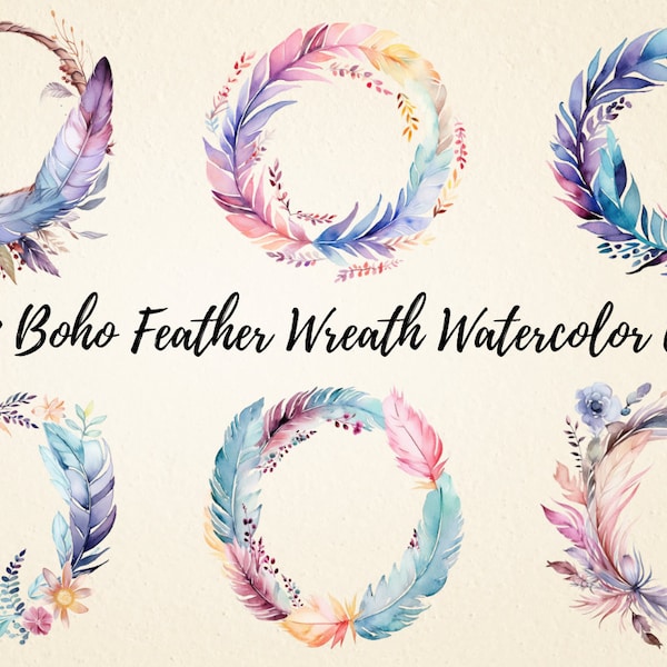 Boho Feather Wreath Clipart Set, Watercolor Dreamy Bohemian Feathers High Quality PNG Graphics, Digital Download for Crafts and Designs