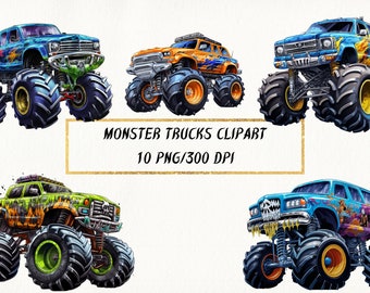 10 Monster Trucks Clipart, Monster Truck PNG Bundle, Monster Truck Birthday Party, Big Trucks, Monster Truck Shirt, Commercial Use