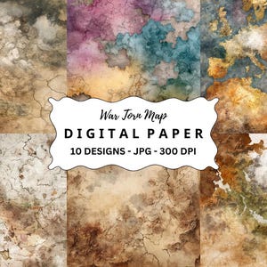 Pacchetto di immagini di mappe devastate dalla guerra, 10 sfondi JPG acquerellati di alta qualità per creazioni digitali, immagini di album, uso commerciale