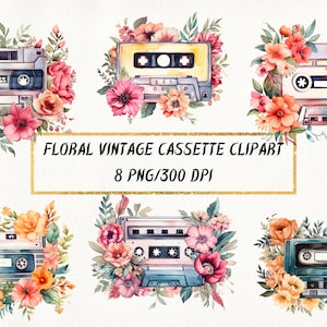 Aquarel Floral Vintage Cassette Clipart, Retro Cassette PNG Bundel voor commercieel gebruik, Audio Cassette Cliparts Collectie