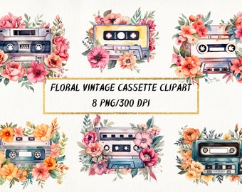 Watercolor Floral Cassette Clipart: Vintage Retro PNG Bundle (Commercial Use)