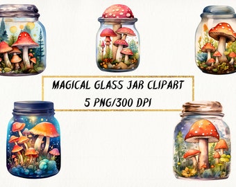 Watercolor Mushroom Jar Clipart: Magical PNG Bundle (Commercial Use)