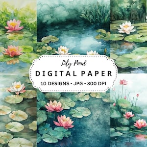 Lily Pond Landscape Digital Paper: Junk Journal Backgrounds (Digital Download)