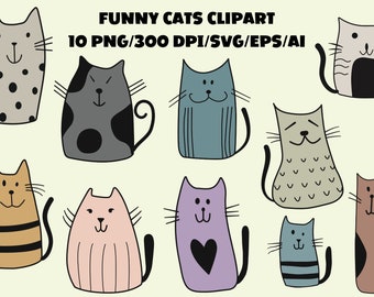 Cute Cartoon Cats Clipart SVG PNG Bundle (Digital Download)