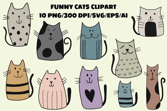 Cute Cartoon Cats Clipart SVG PNG Bundle (Digital Download)