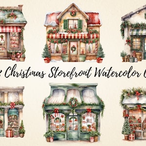 Christmas Storefront Watercolor Clipart: PNG Bundle (Digital Download)