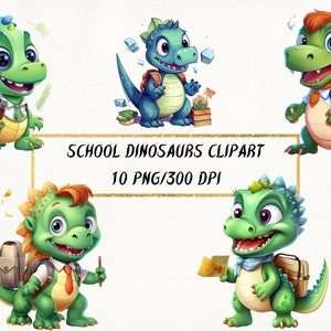 10 imágenes prediseñadas de dinosaurios escolares, lindo dinosaurio de regreso a la escuela PNG paquete, Dino Schoolboy Clip Art, uso comercial