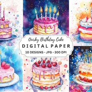 Arrière-plans originaux de fête de gâteau d'anniversaire, 10 papiers numériques JPG de haute qualité à l'aquarelle, Journalisation du courrier indésirable, Scrapbooking, Fabrication de cartes